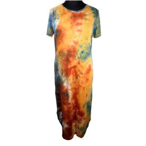 Lexington Ave Blue Copper Multi Tie Dye Short Sleeve Maxi Dress Plus Size 1X